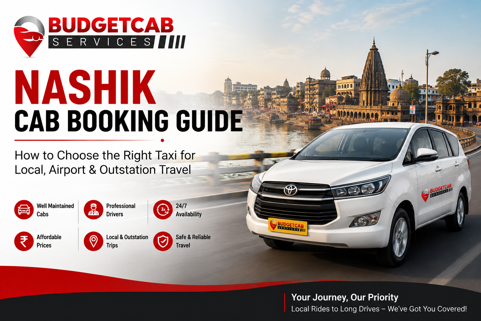 Nashik cab booking guide by Budget Cab Services featuring a branded taxi in Nashik for local, airport and outstation travel.