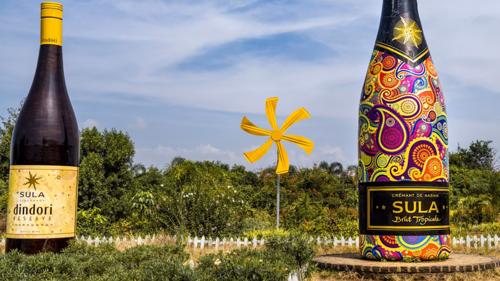 Large decorative Sula Vineyards wine bottle sculptures at the entrance of the winery in Nashik