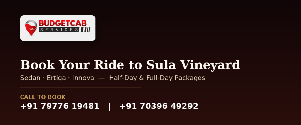 Budget Cab Services CTA card with logo and contact numbers for booking a Sula Vineyard cab