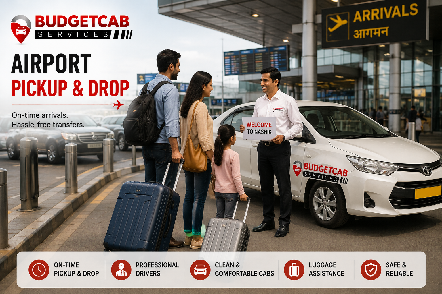 Nashik Airport pickup and drop service with Budget Cab Services taxi and family luggage