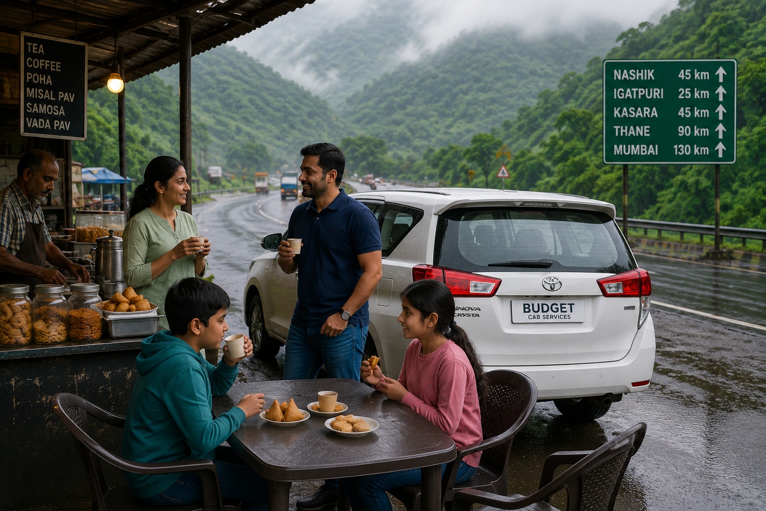 Highway tea and snack break during Nashik to Mumbai cab journey