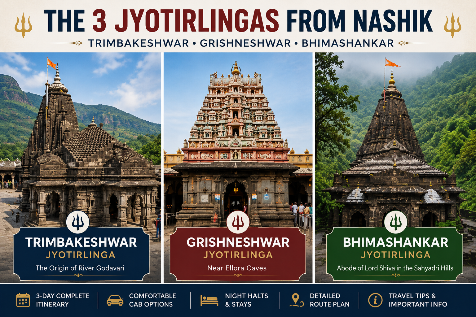 Three Jyotirlingas from Nashik featuring Trimbakeshwar Grishneshwar and Bhimashankar