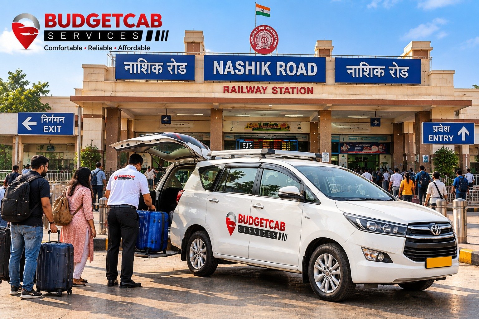 Nashik Railway Station exterior with sightseeing taxi