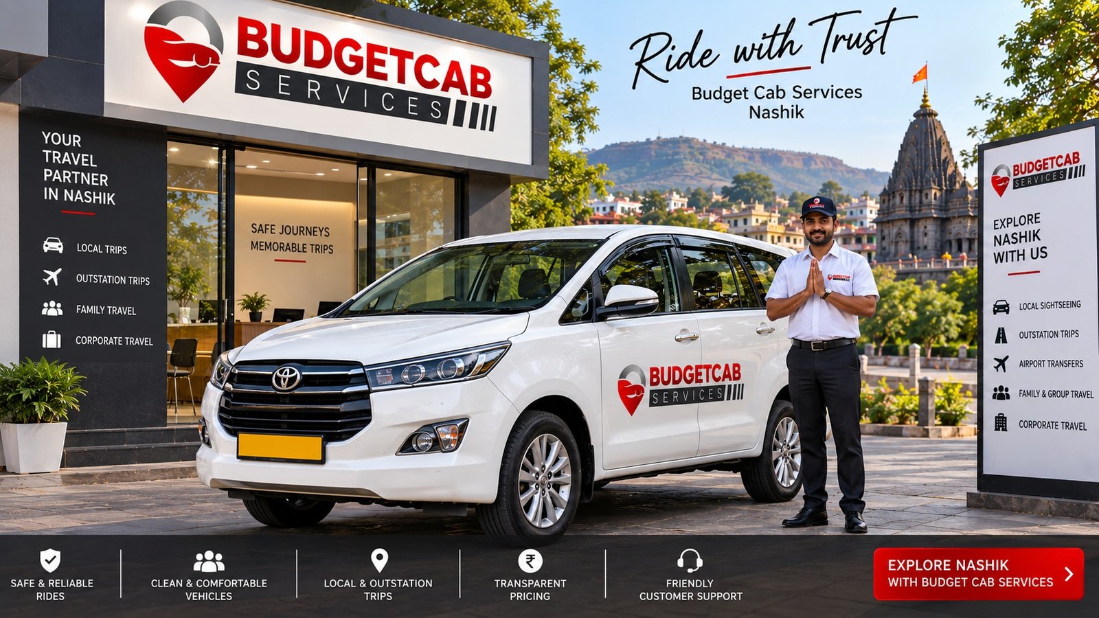 Budget Cab Services branded cab and driver in Nashik