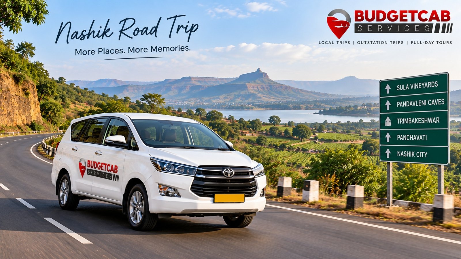 Budget Cab Services cab on a scenic Nashik road trip