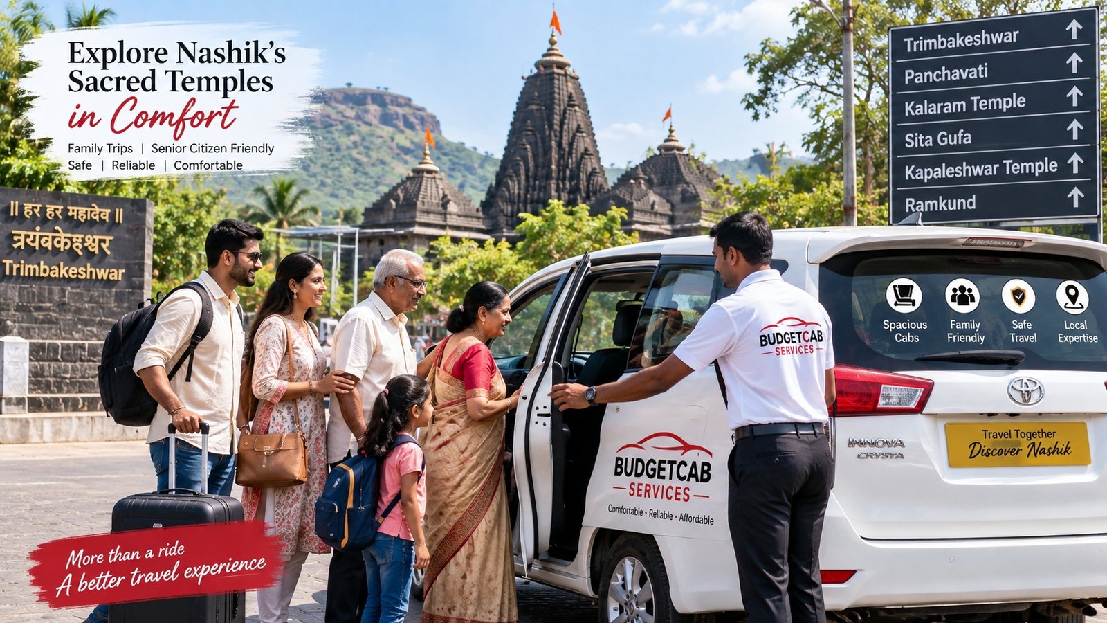 Family and senior citizens travelling by Nashik Temple Tour Cab