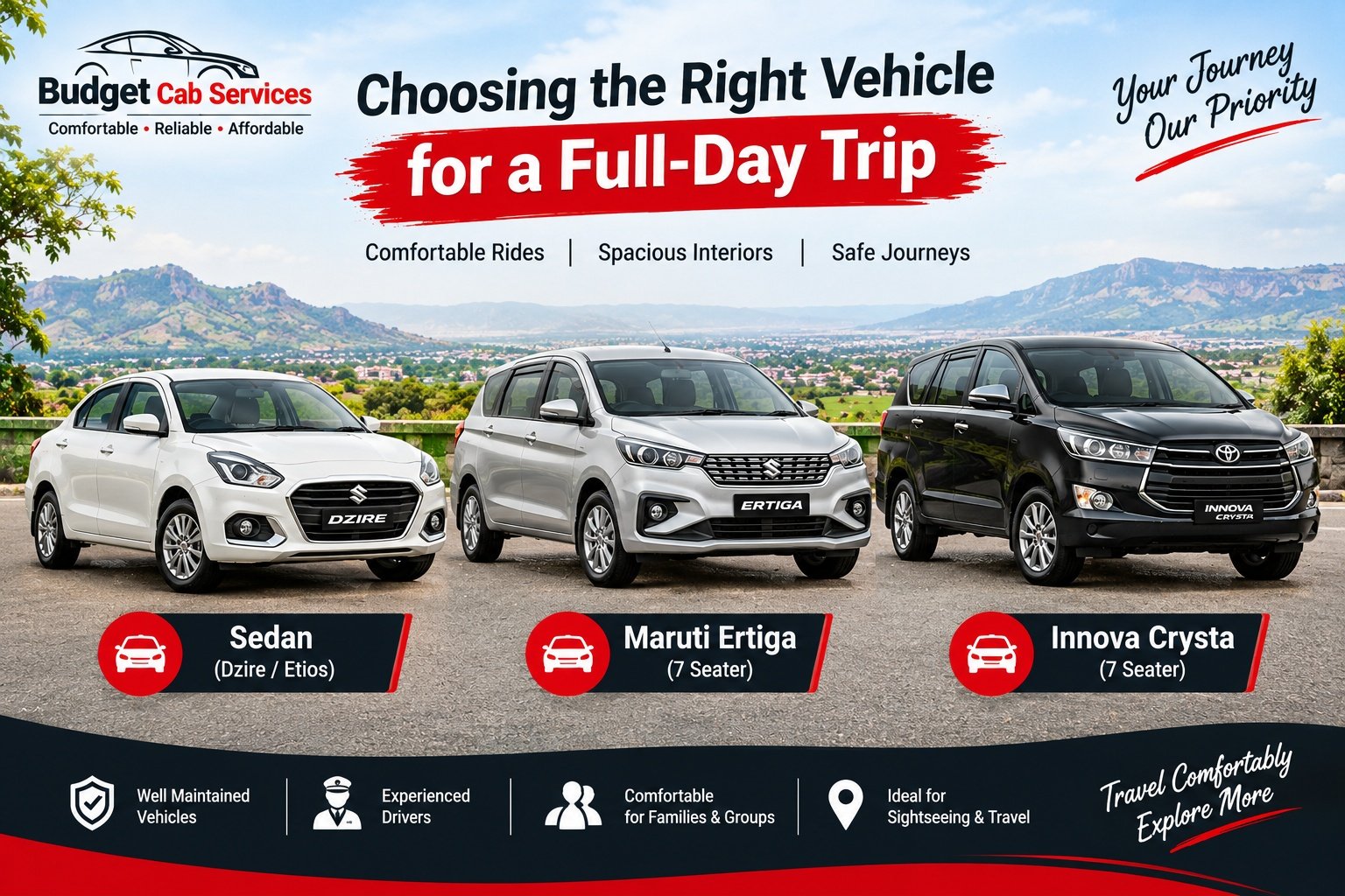 Sedan Ertiga and Innova Crysta options for Nashik full day cab