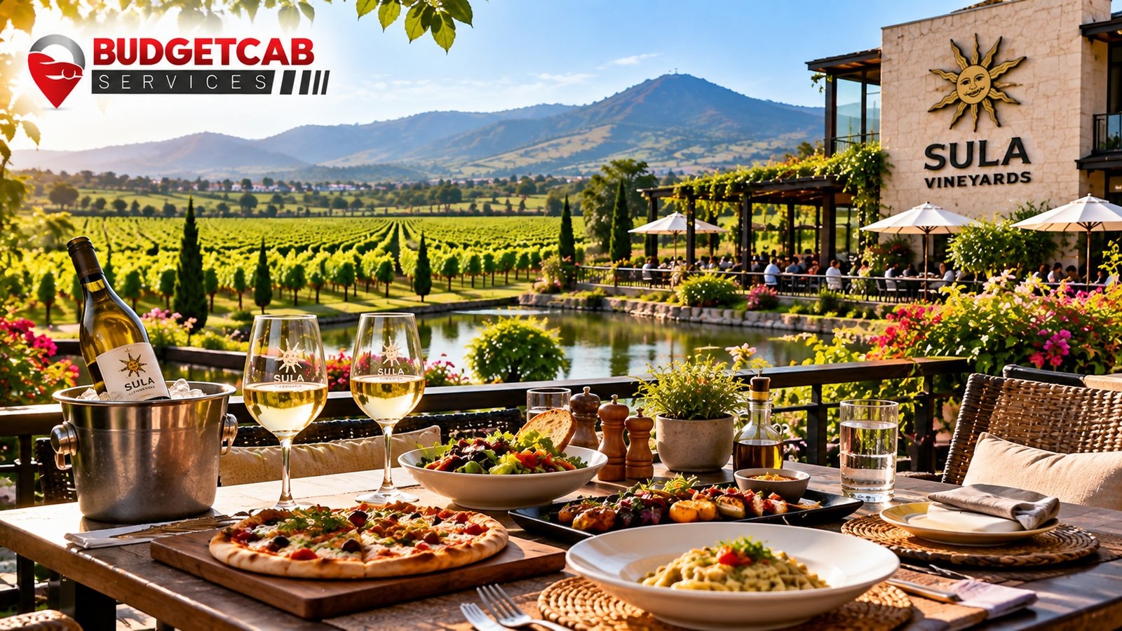 Relaxing vineyard lunch during a Sula Vineyard tour from Nashik