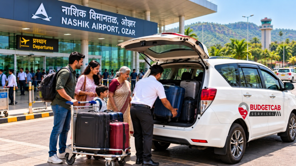 Budget Cab Services vehicle loading family luggage at Nashik Airport, Ozar